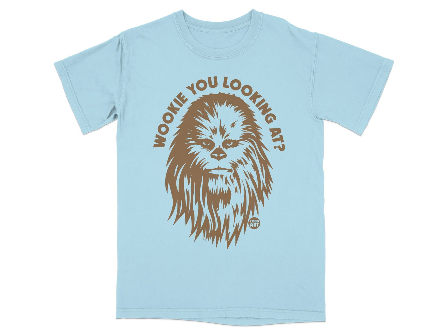 Light blue t-shirt with Chewbacca graphic and "Wookiee you looking at?" text.