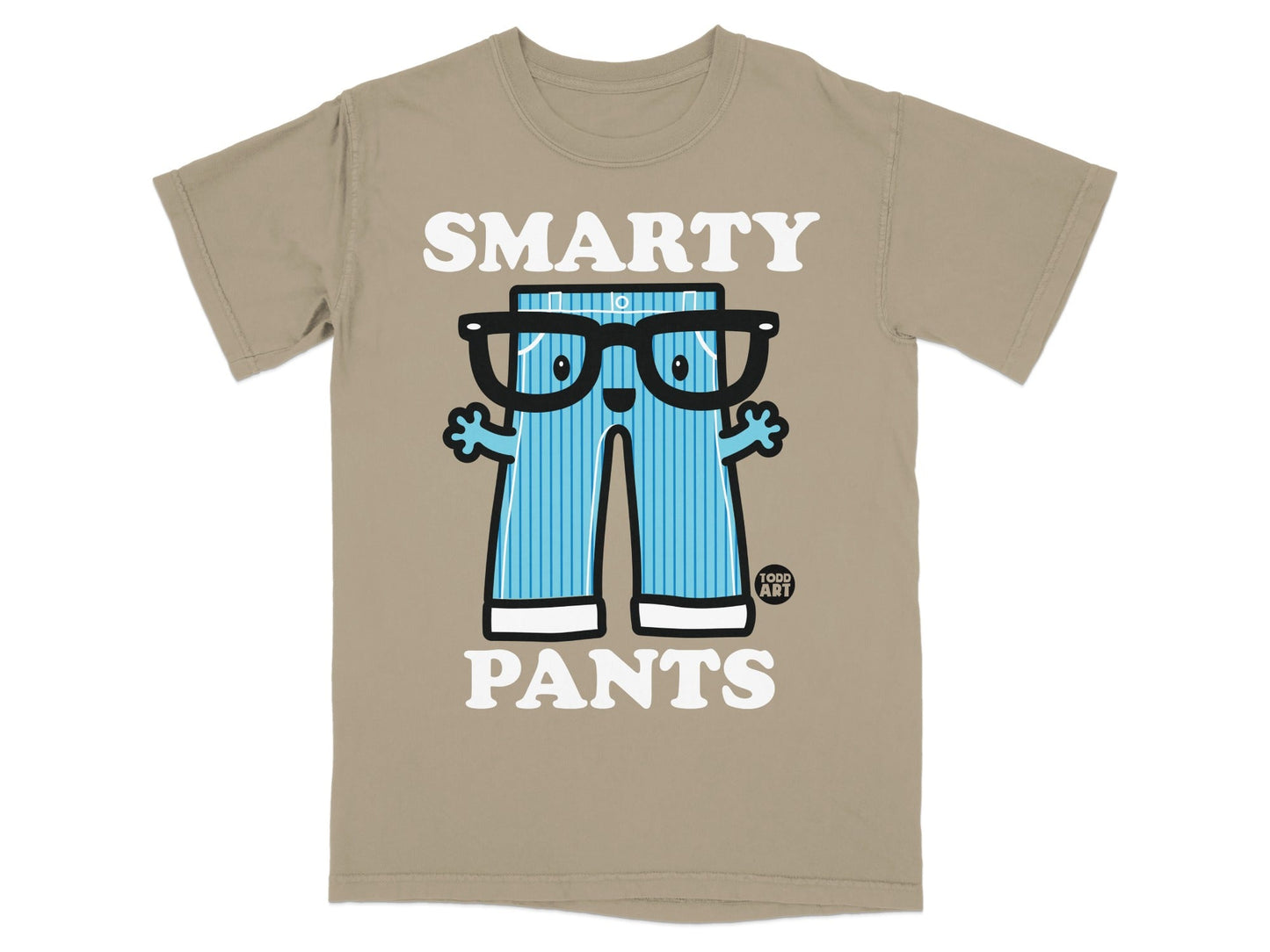 Cartoon character wearing glasses and blue striped pants with "SMARTY PANTS" text.