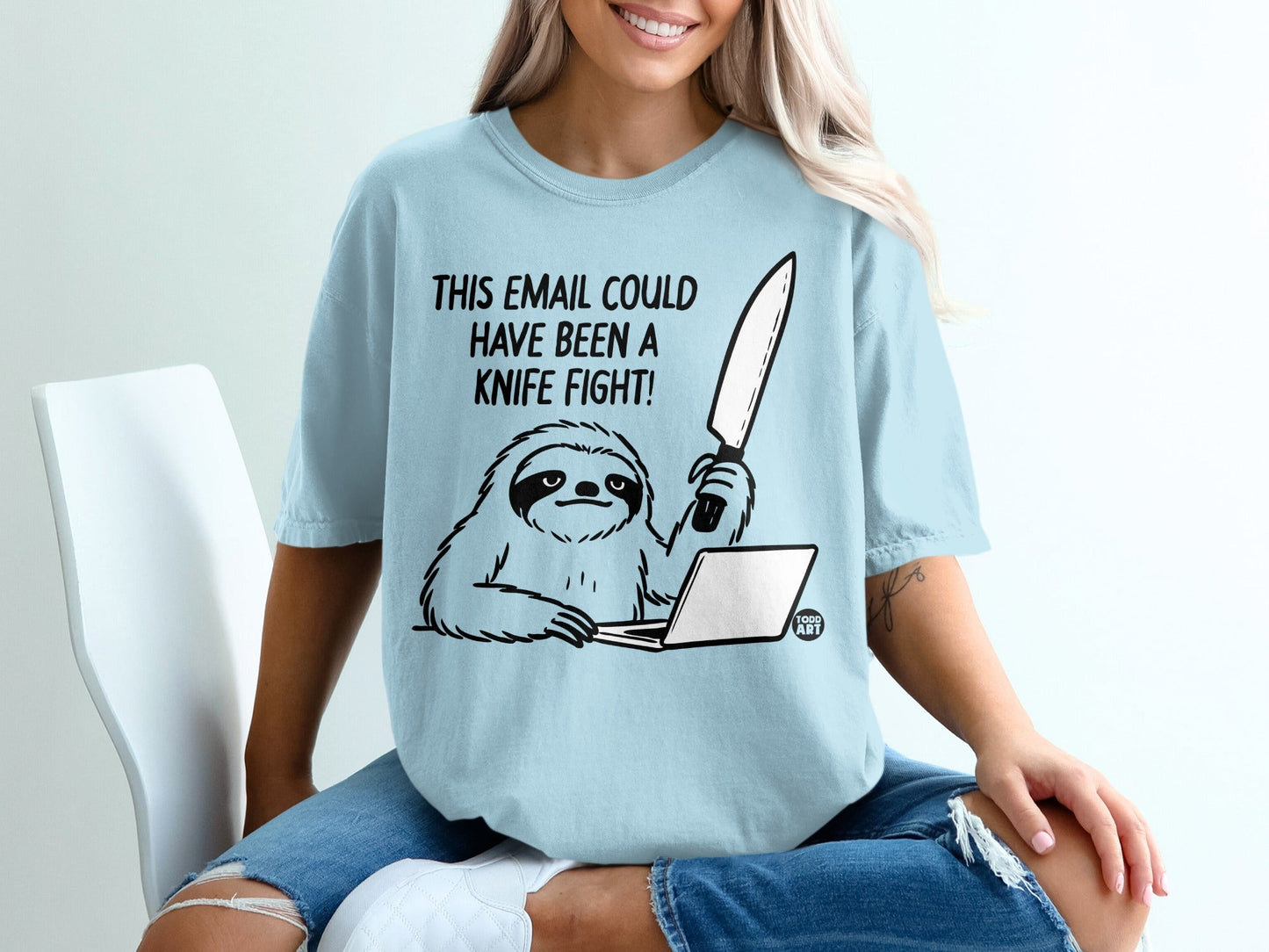 Sloth with knife at laptop screen, text reads "This email could have been a knife fight!".