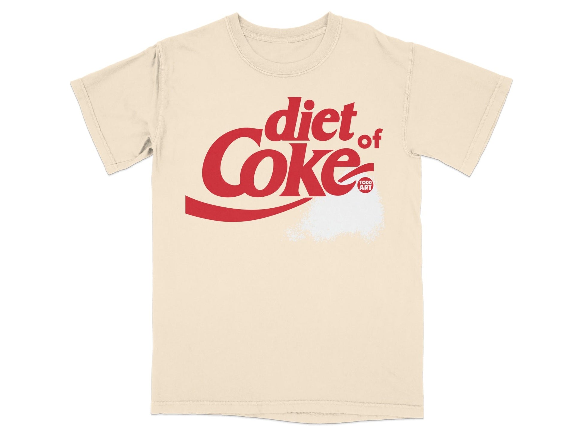 Cream t-shirt with "Diet Coke" logo and small white powder graphic.