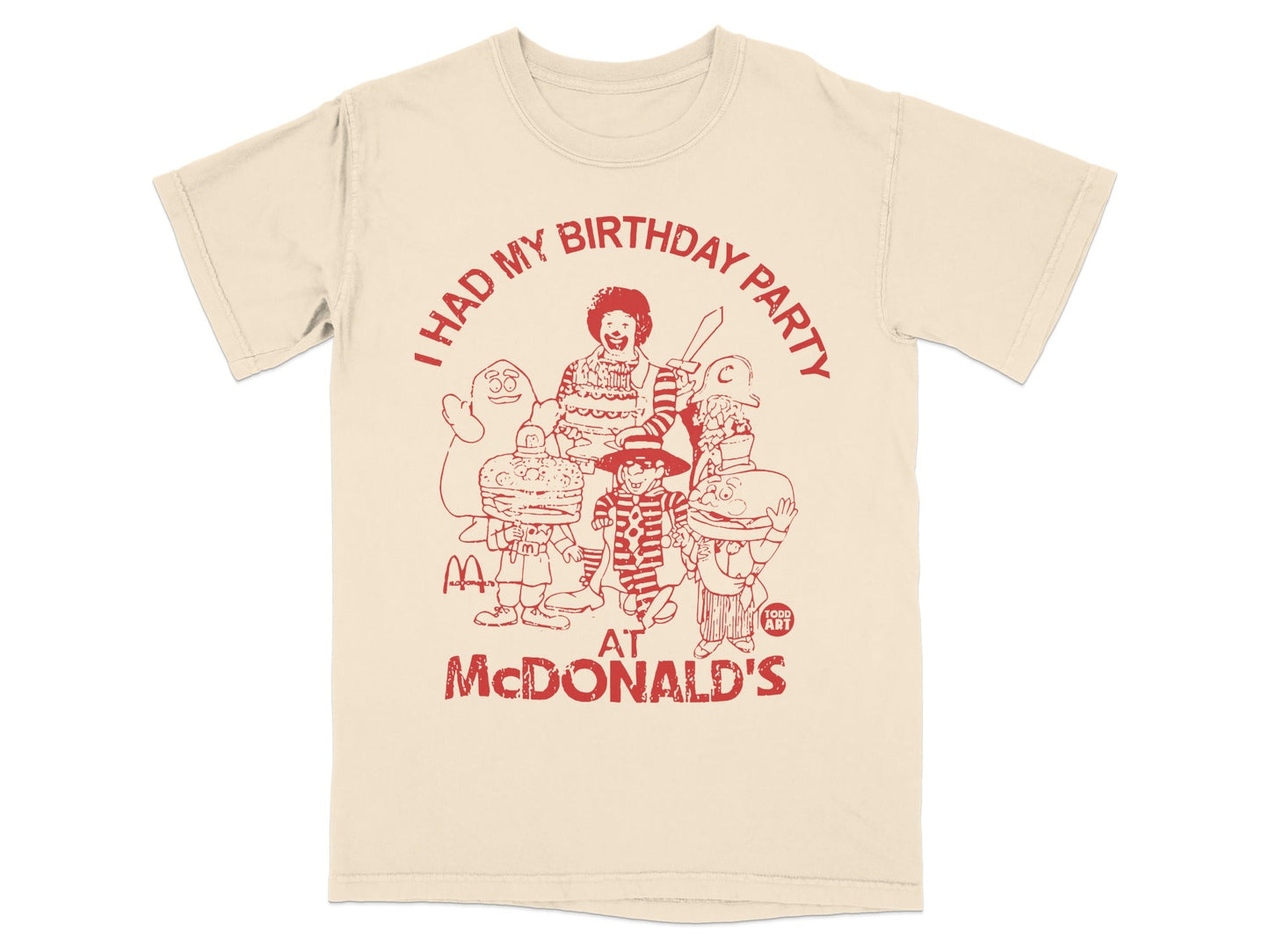 T-shirt with red graphic of McDonald's characters at a birthday party.