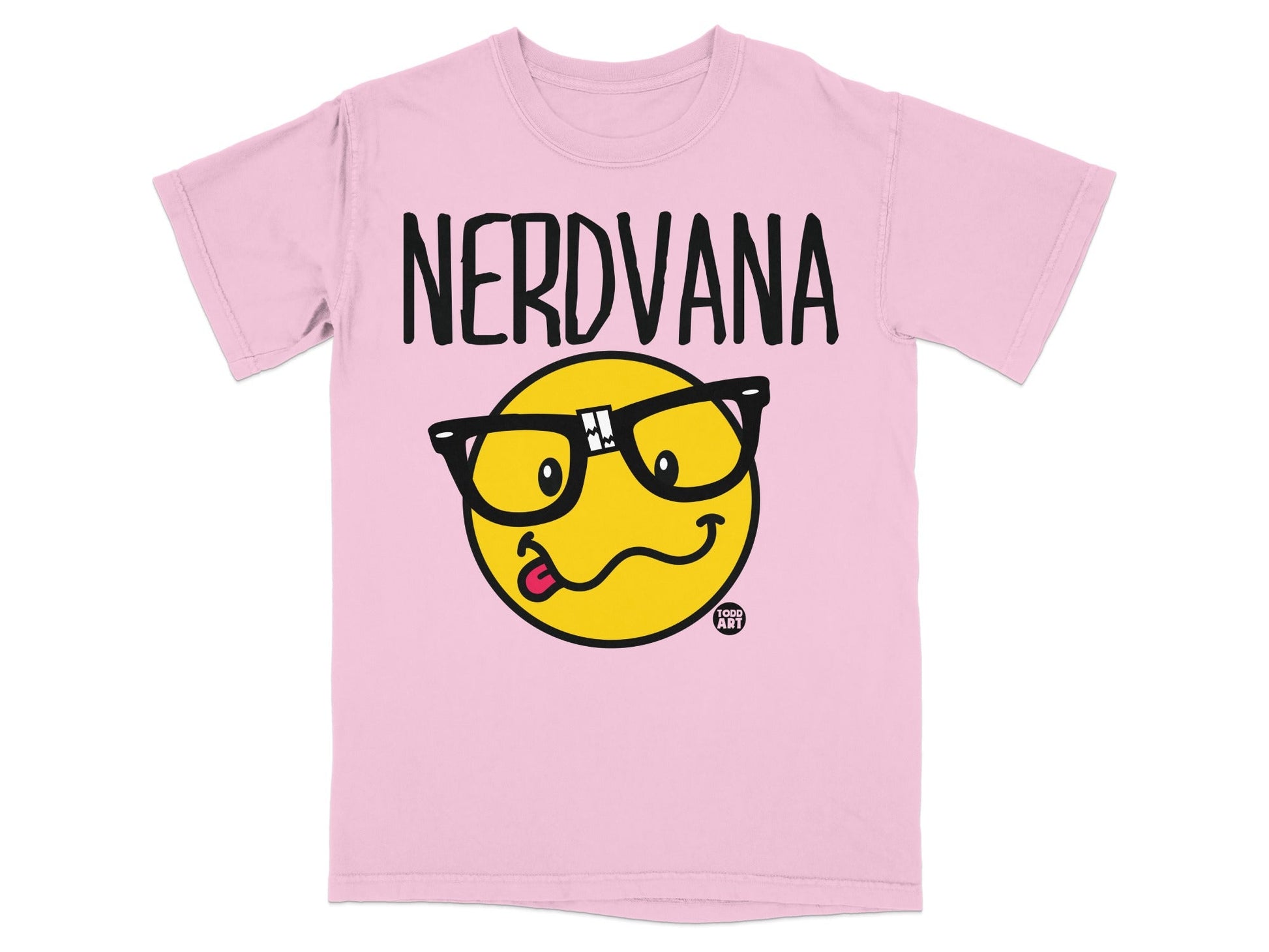 Pink t-shirt with a yellow smiley face wearing glasses and sticking out its tongue, text "NERDVANA".