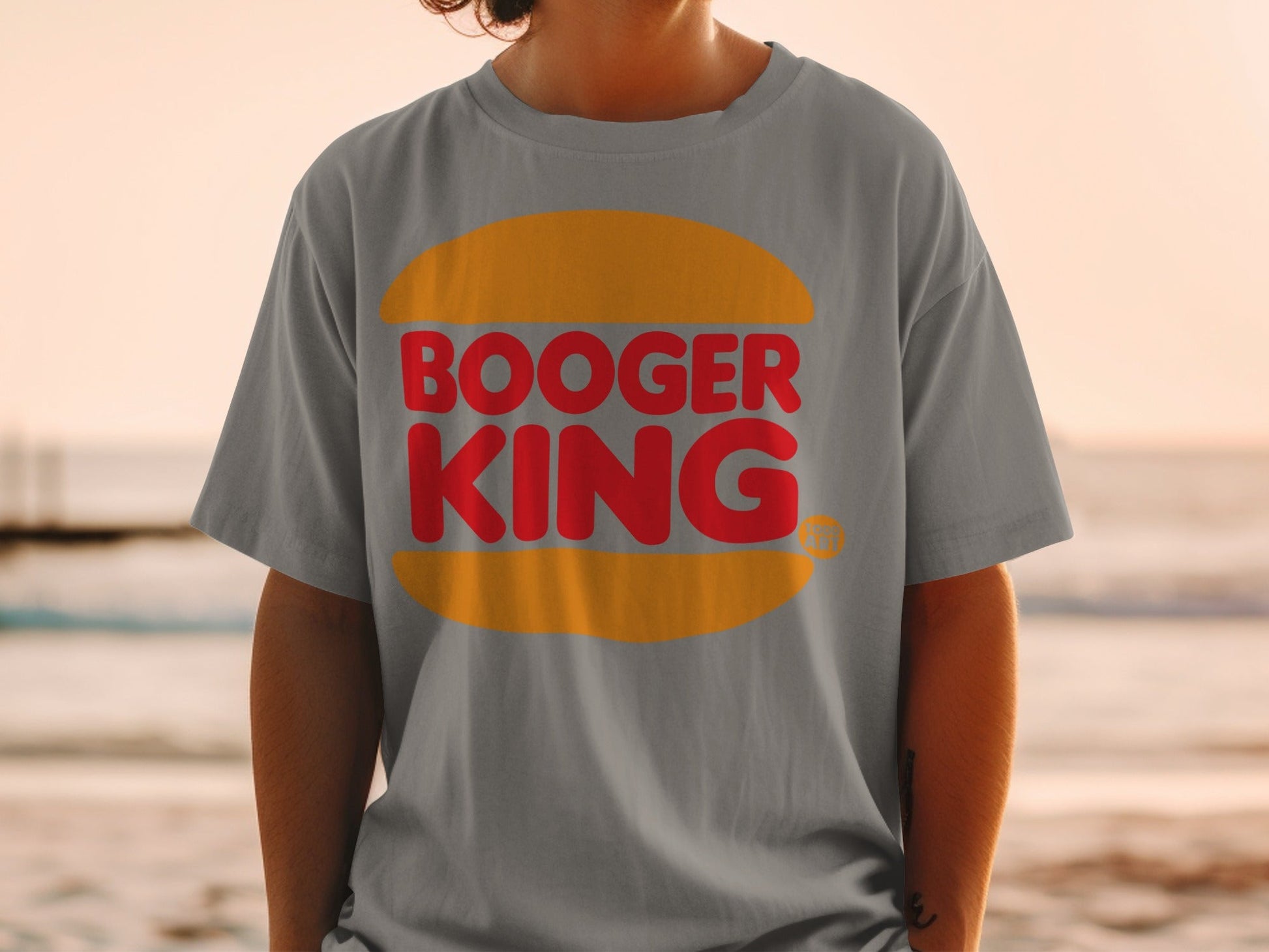 Gray t-shirt with a Booger King logo, featuring orange bun and red text.