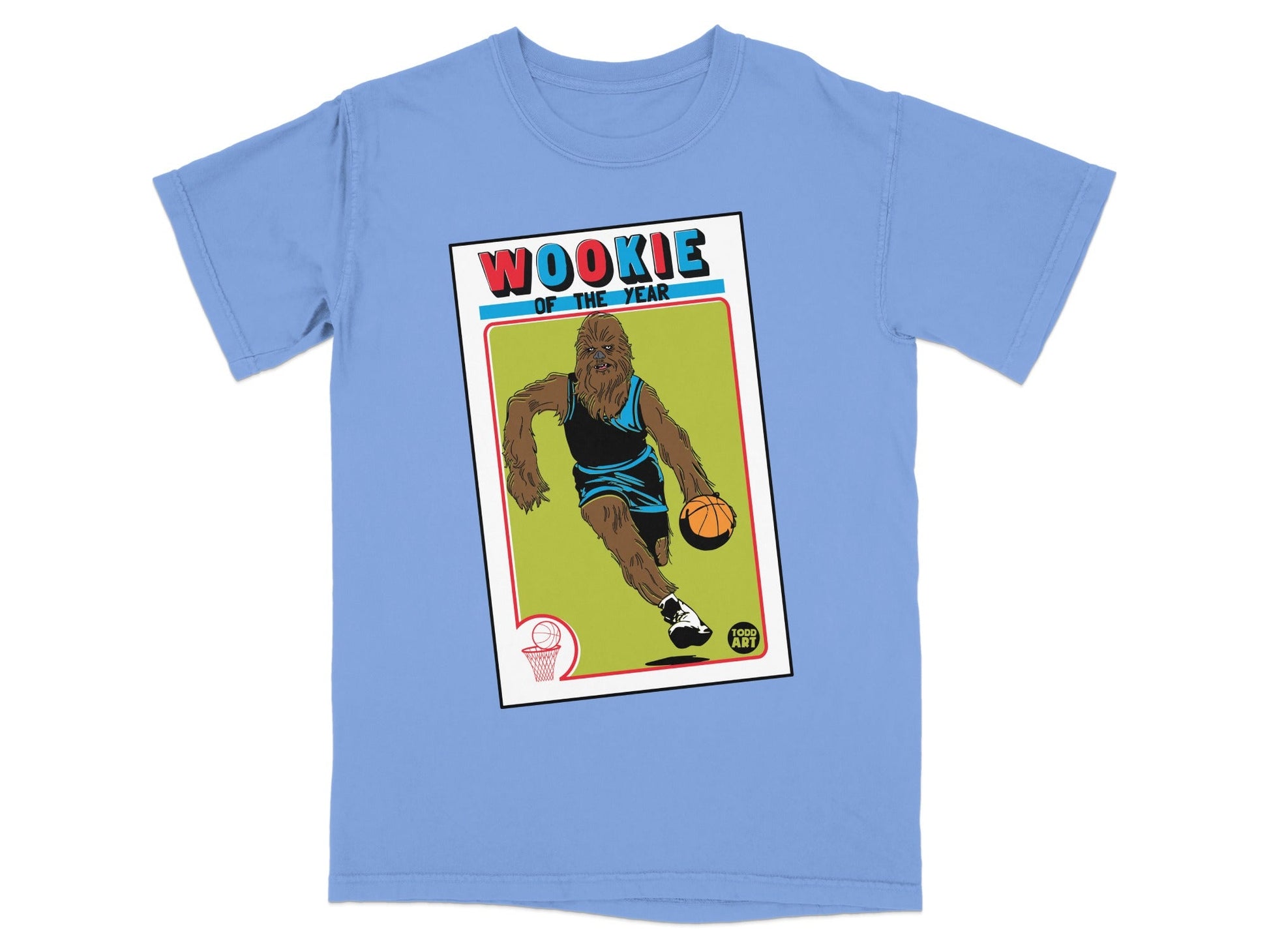 Light blue t-shirt with a Chewbacca basketball trading card graphic.