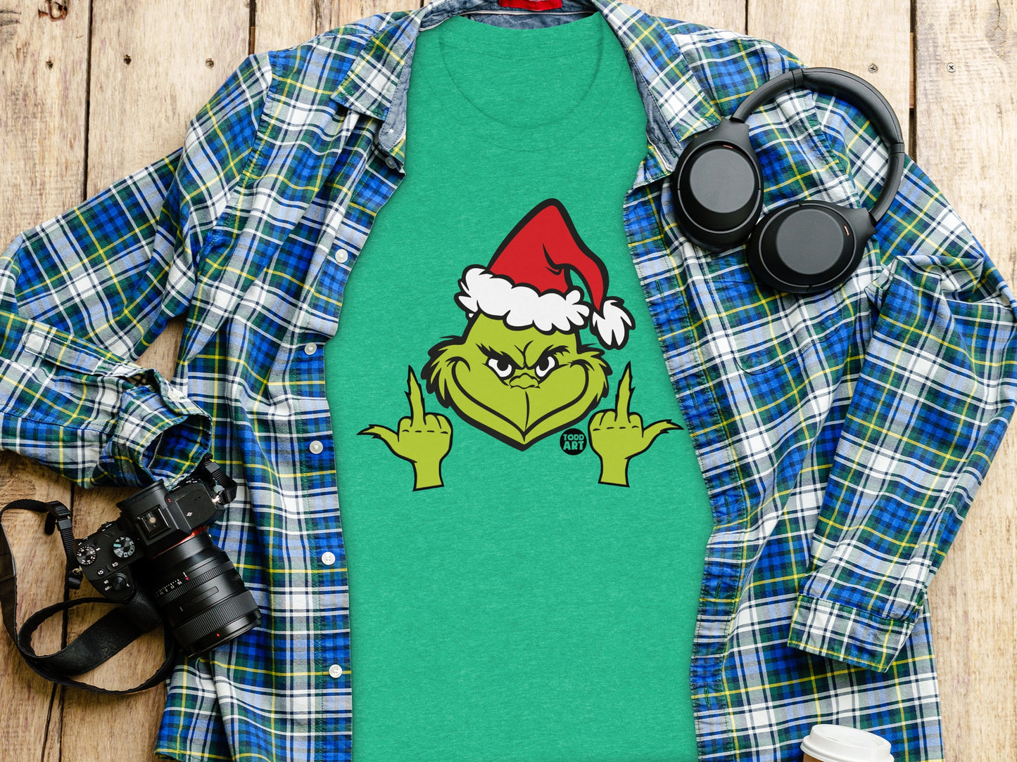 Grinch Santa Flipping Off Graphic Tee Shirt Product