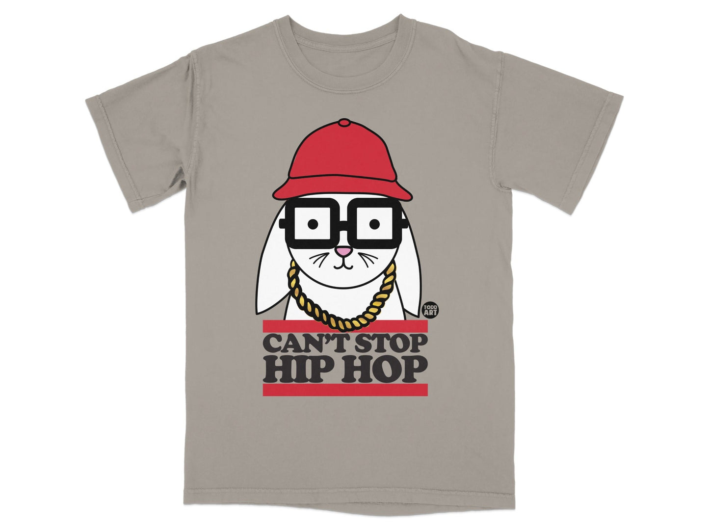 Graphic tee with cartoon rabbit wearing hat, glasses, and gold chain.