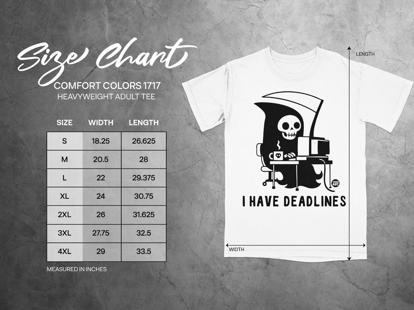 Comfort Colors 1717 t-shirt size chart with width and length measurements.
