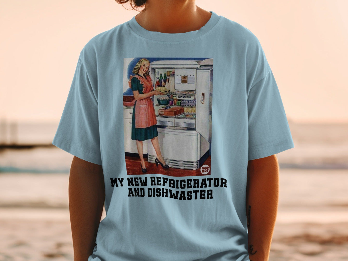 Retro illustration of a woman in a kitchen next to a refrigerator and dishwasher.