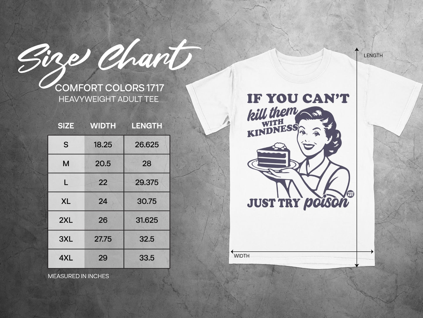Size chart for Comfort Colors 1717 heavyweight adult tee with graphic.
