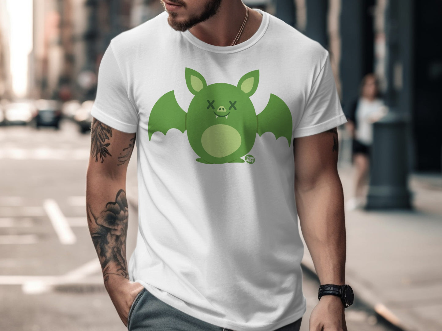 Green Cartoon Bat Graphic Tee for Urban Style
