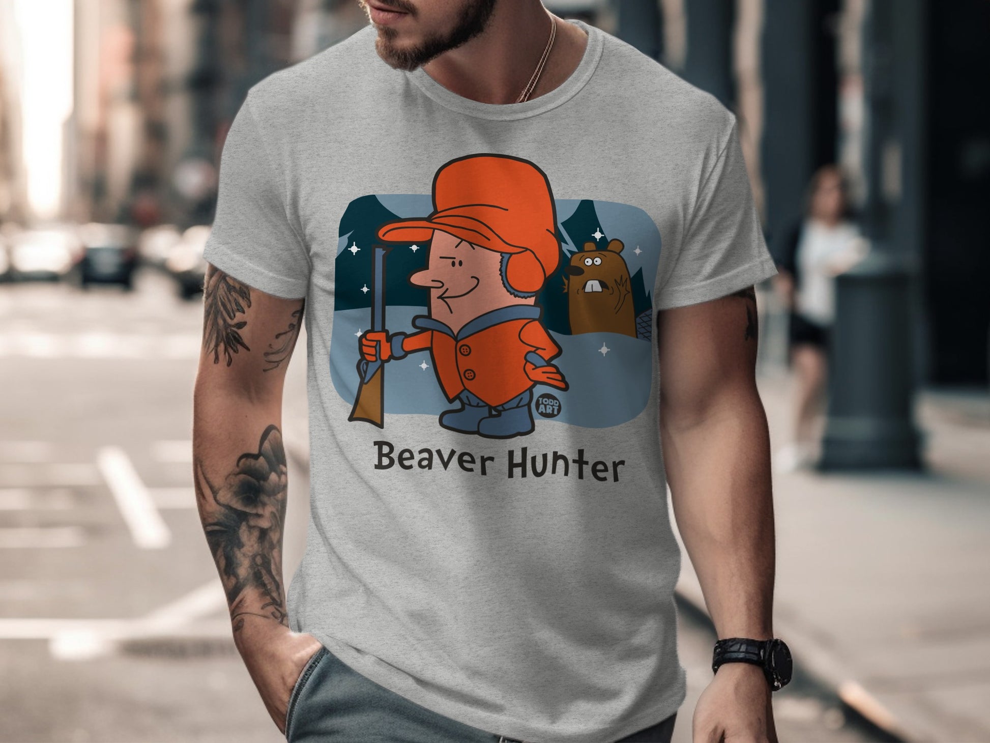 Funny Cartoon Beaver Hunter Graphic Short Sleeve T-shirt