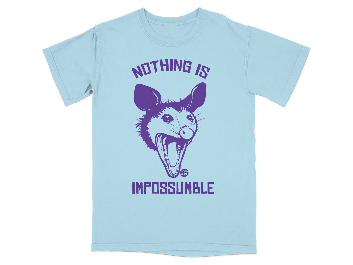 Light blue t-shirt with purple opossum graphic and text "NOTHING IS IMPOSSIBLE".