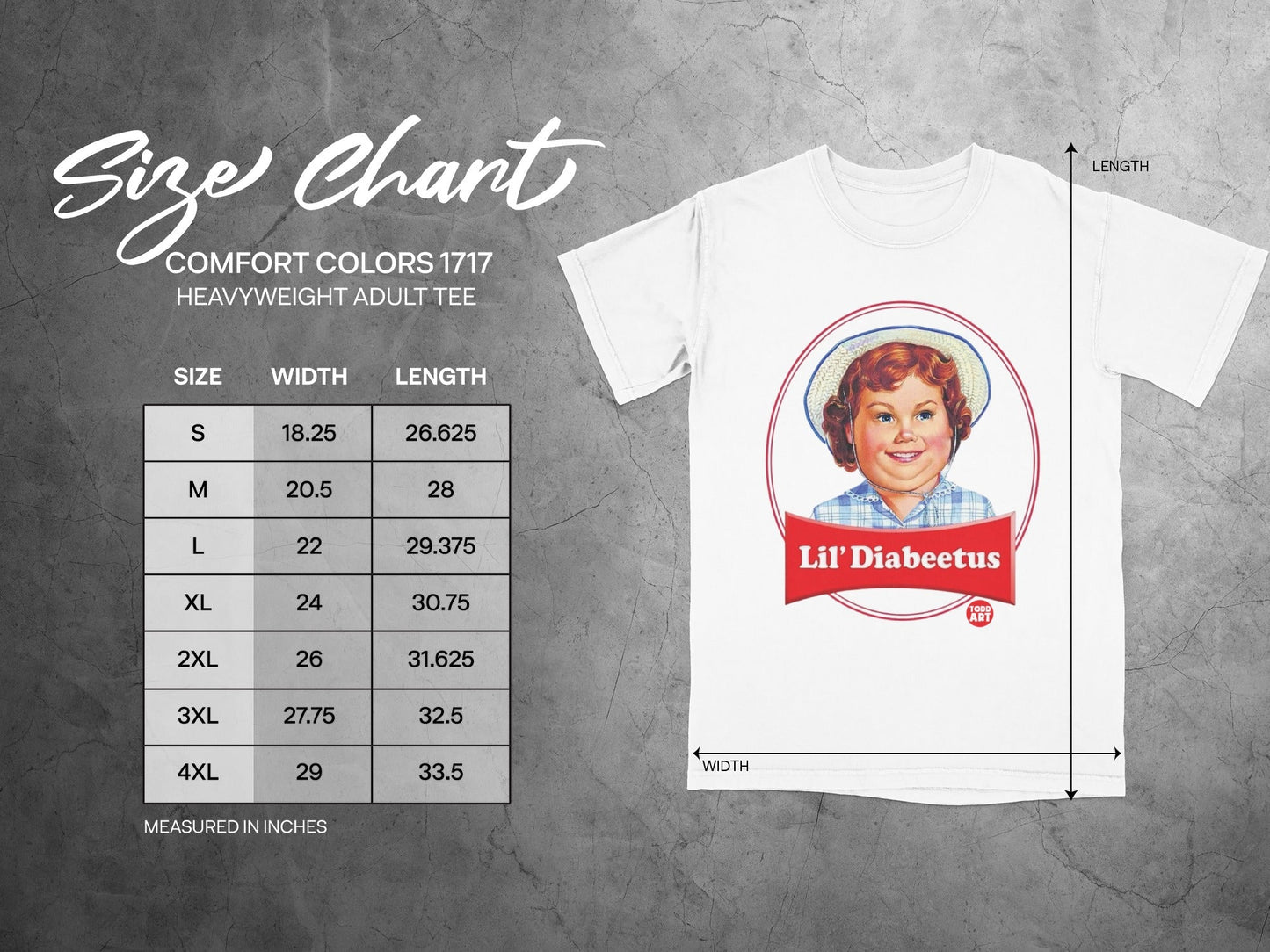 Comfort Colors 1717 heavyweight adult tee size chart with Lil' Diabeetus graphic.