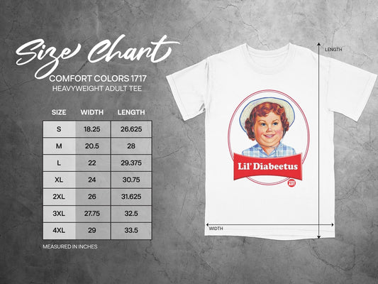 Comfort Colors 1717 heavyweight adult tee size chart with Lil' Diabeetus graphic.