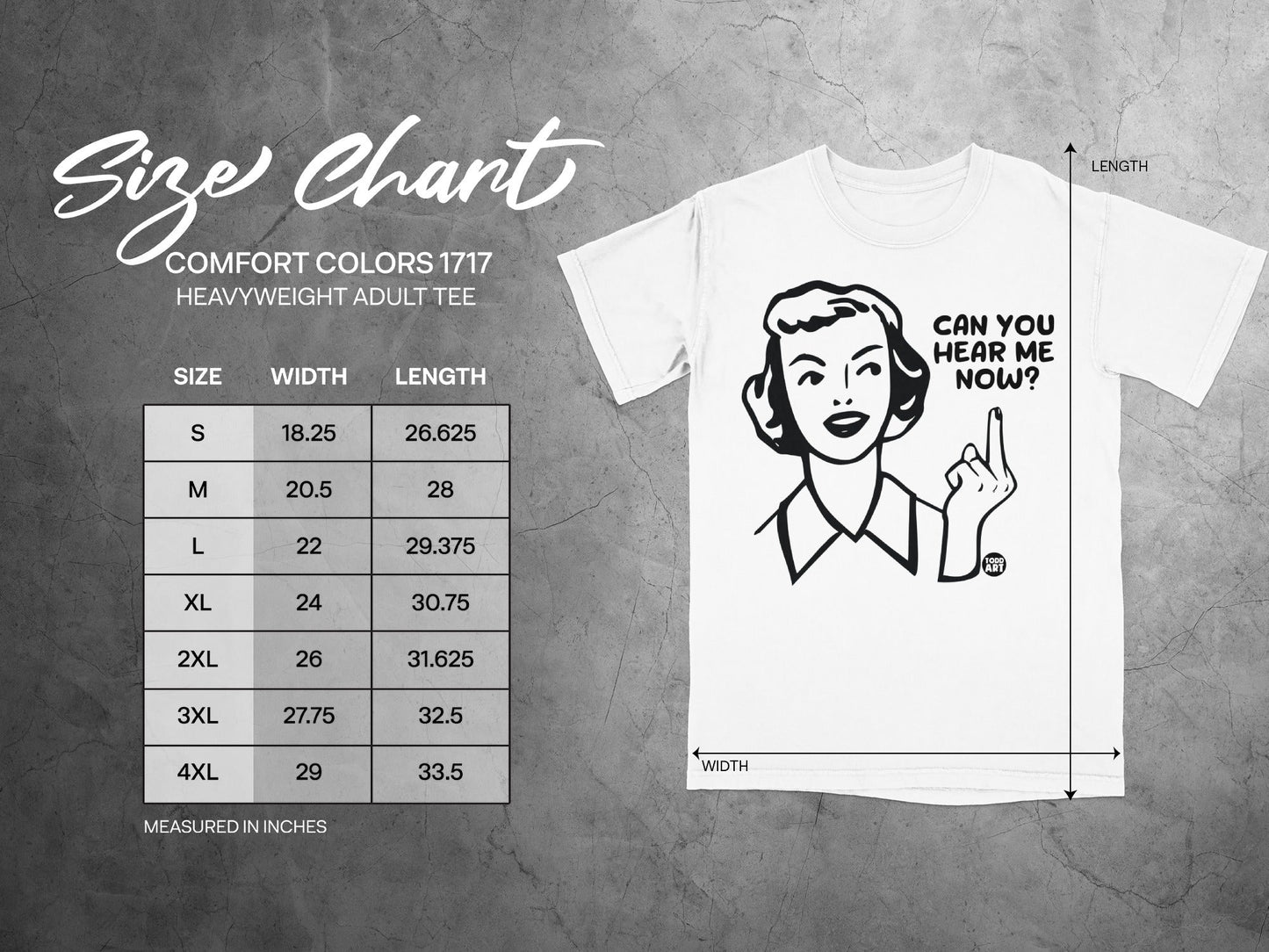 Size chart for Comfort Colors 1717 heavyweight adult tee with measurements.
