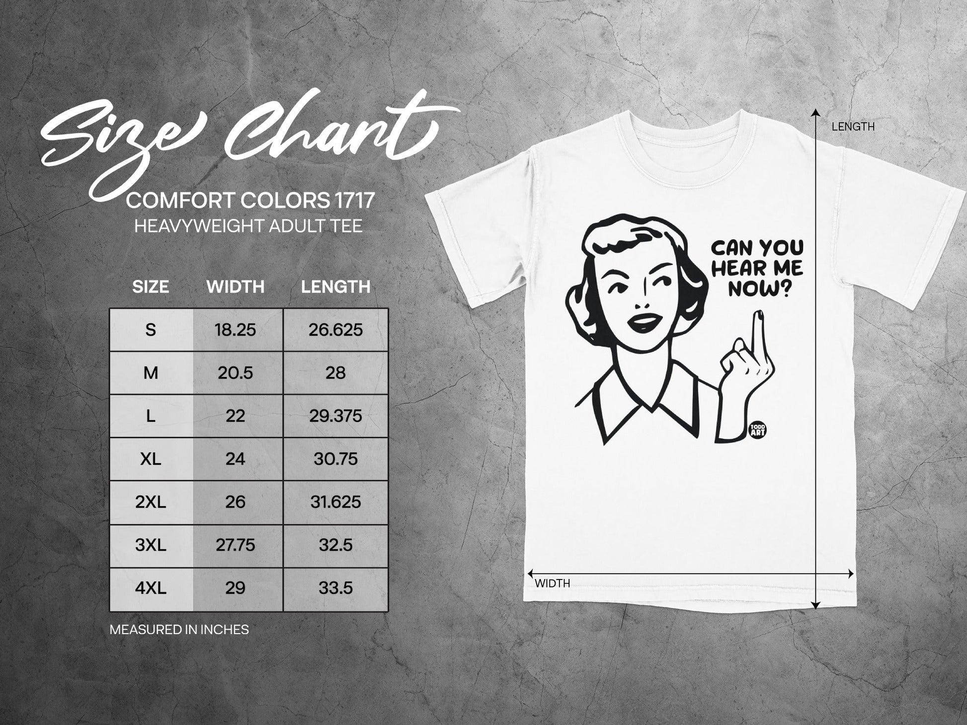Size chart for Comfort Colors 1717 heavyweight adult tee with measurements.