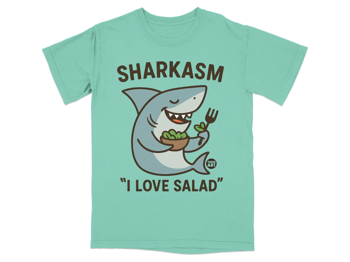Shark wearing a t-shirt that says "Sharkasm" and "I Love Salad".