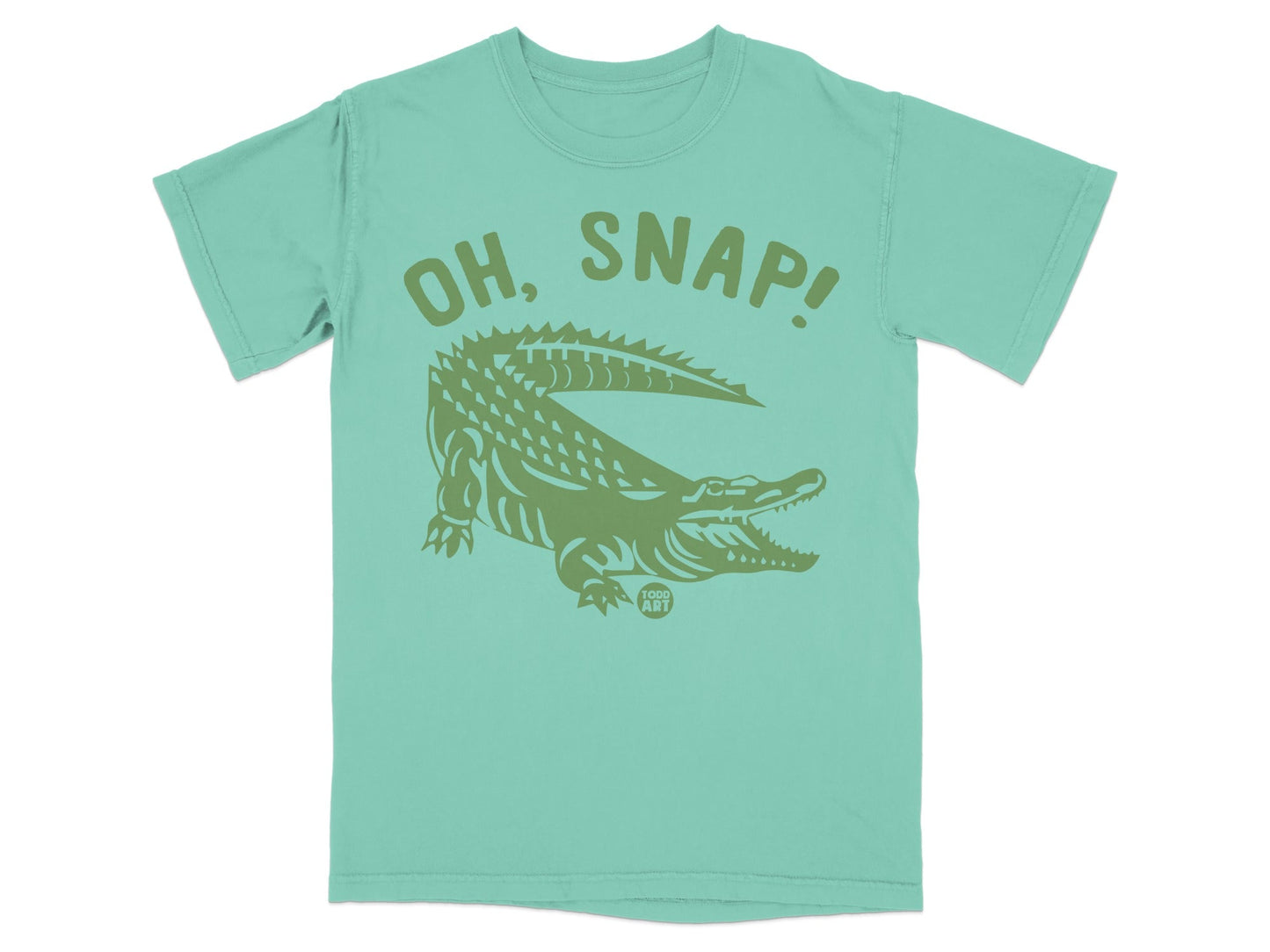 Teal t-shirt with green alligator graphic and "OH, SNAP!" text.