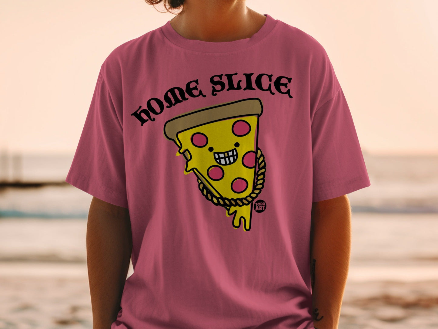 Pink t-shirt with cartoon pizza slice saying "HOME SLICE" and wearing a gold chain.