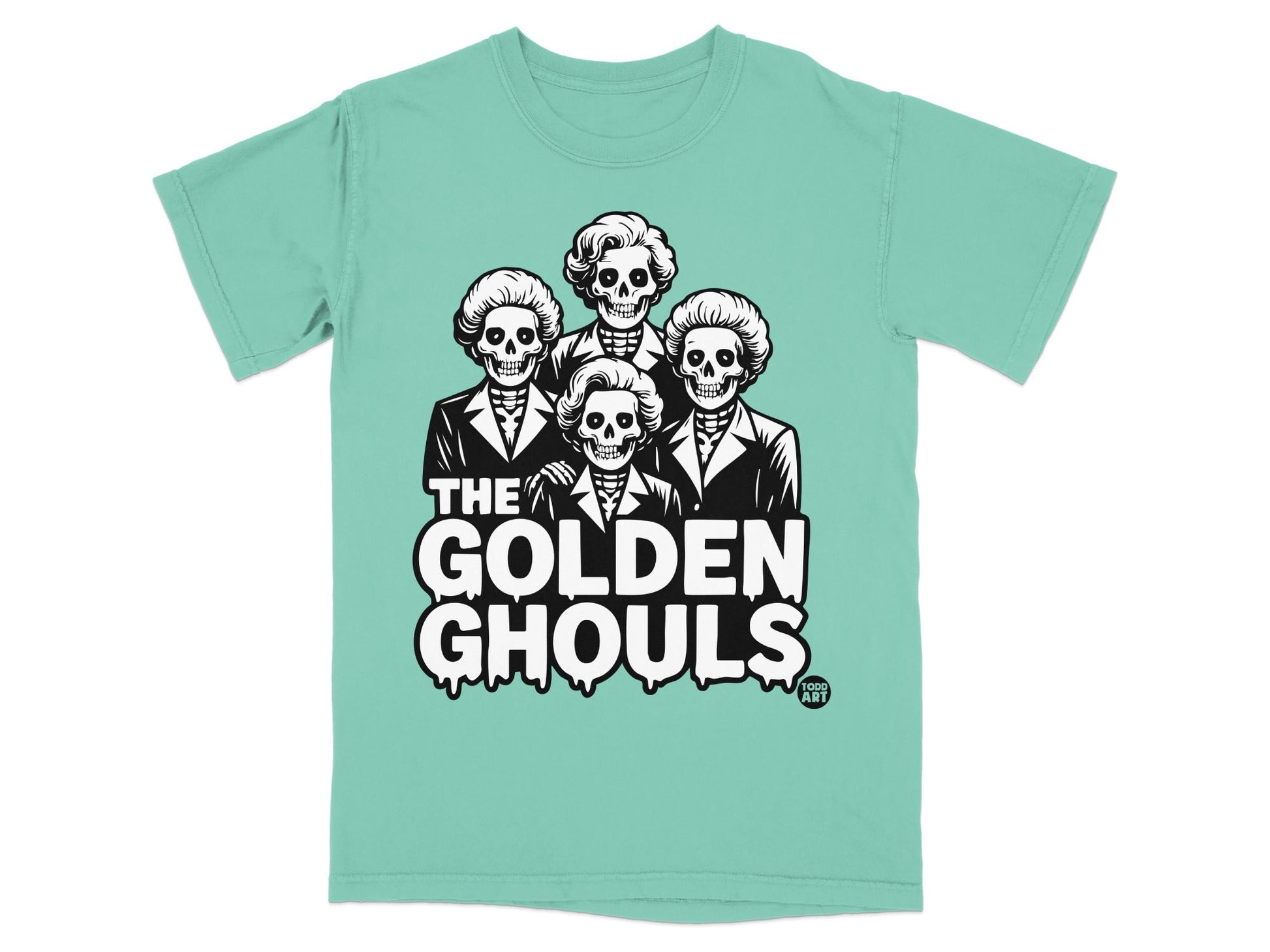 Graphic t-shirt featuring "The Golden Ghouls" text and skeleton faces.