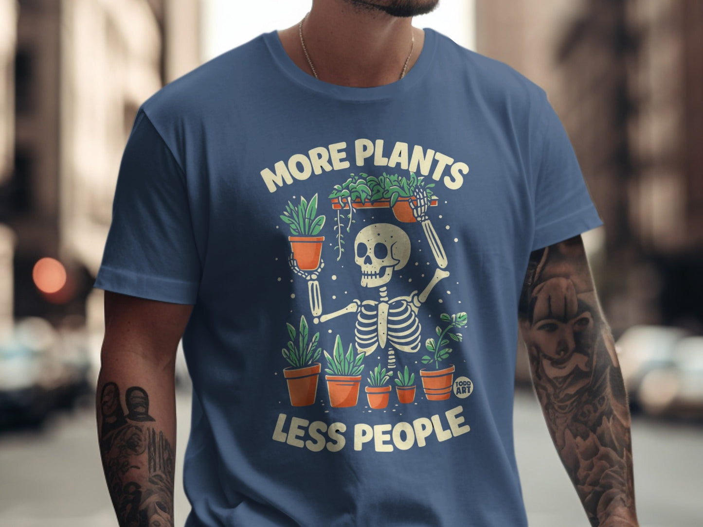 Skeleton holding potted plants with text "More Plants Less People".