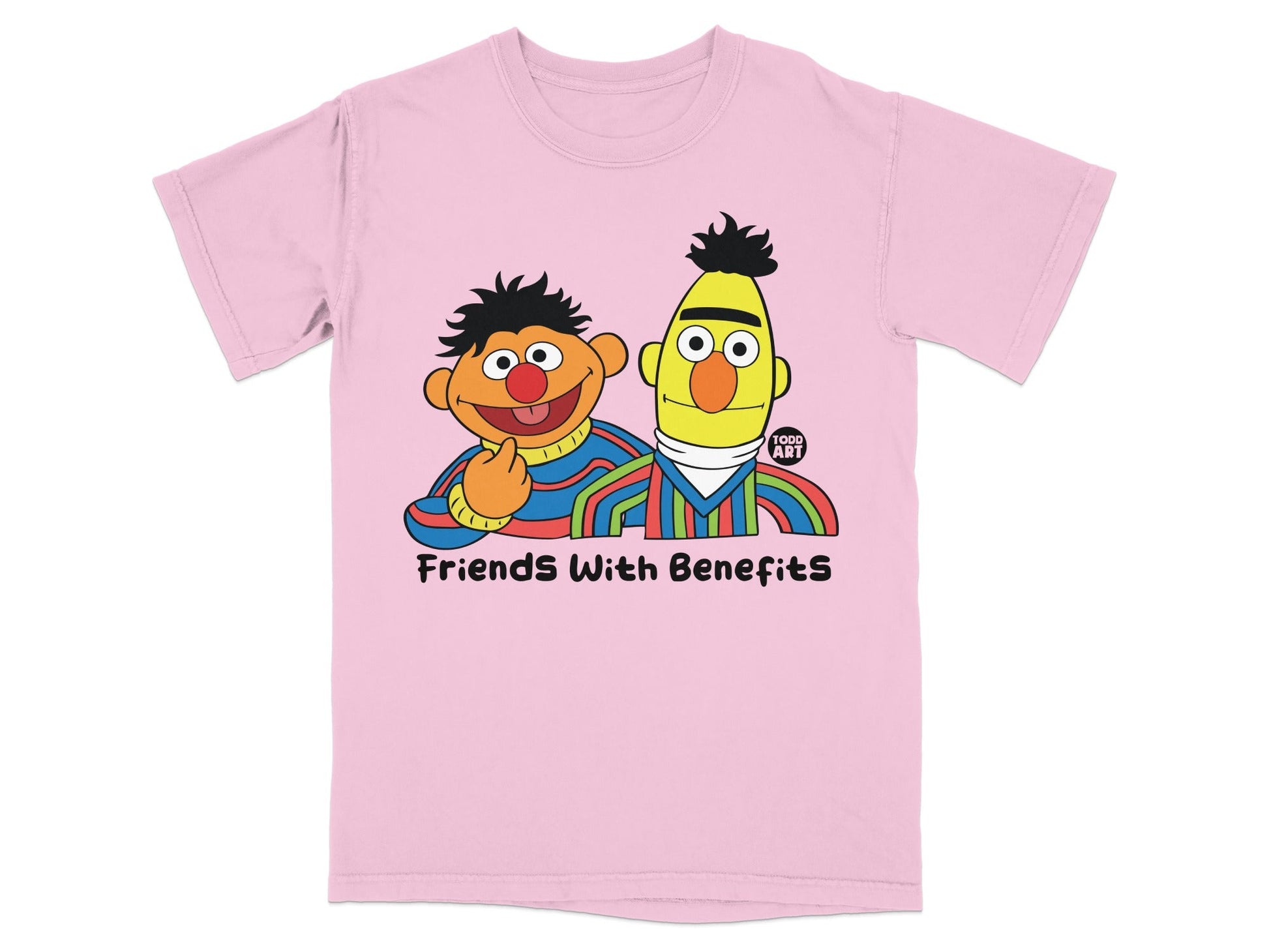 Pink t-shirt with Ernie and Bert from Sesame Street, "Friends With Benefits" text.