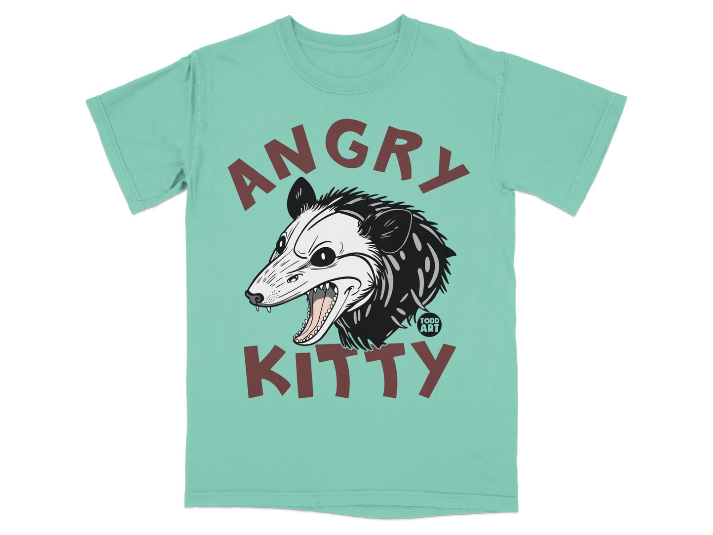Teal t-shirt with an angry possum and "Todd Art" logo.