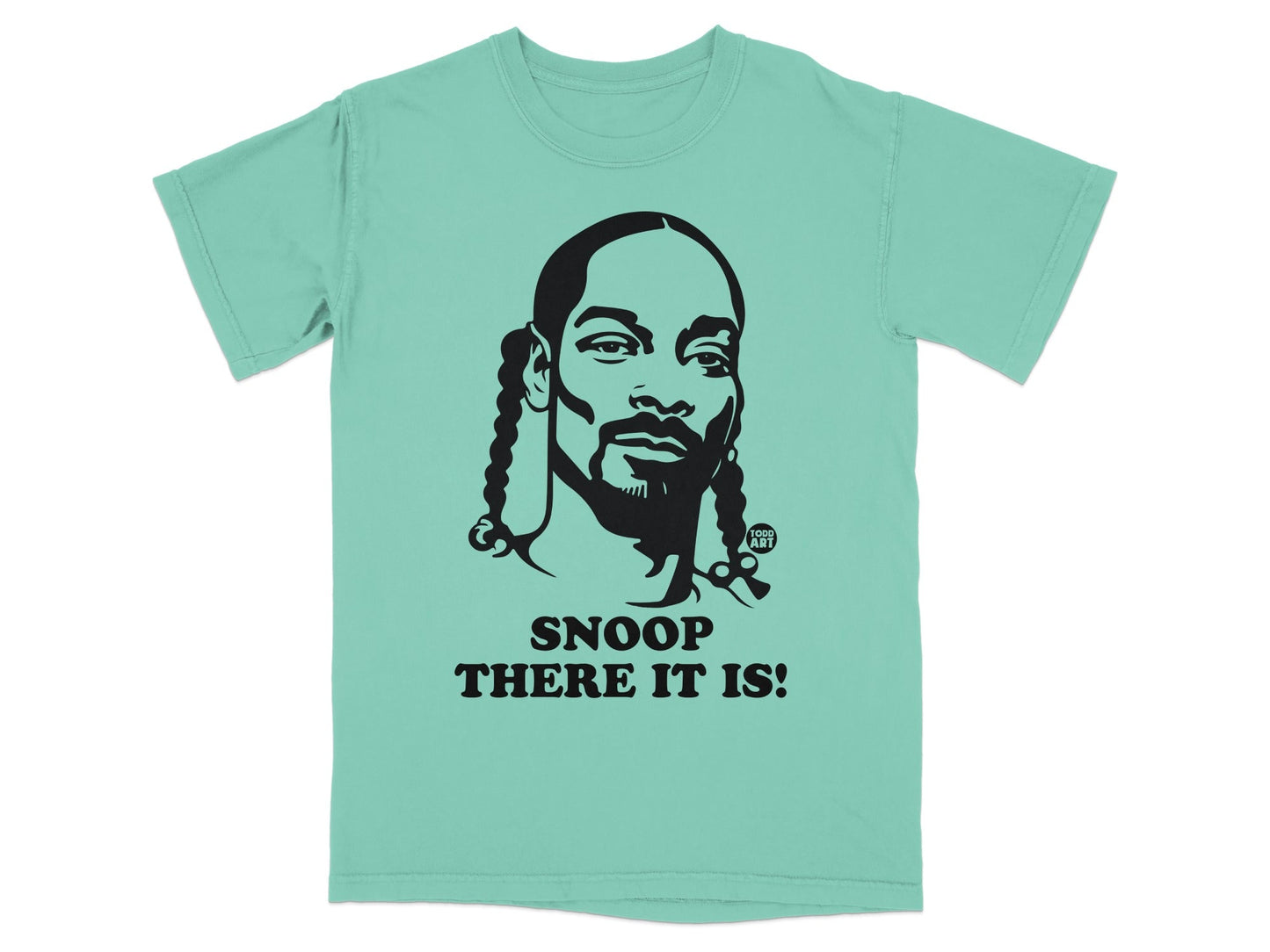 Teal t-shirt with black silhouette of Snoop Dogg and "SNOOP THERE IT IS!" text.