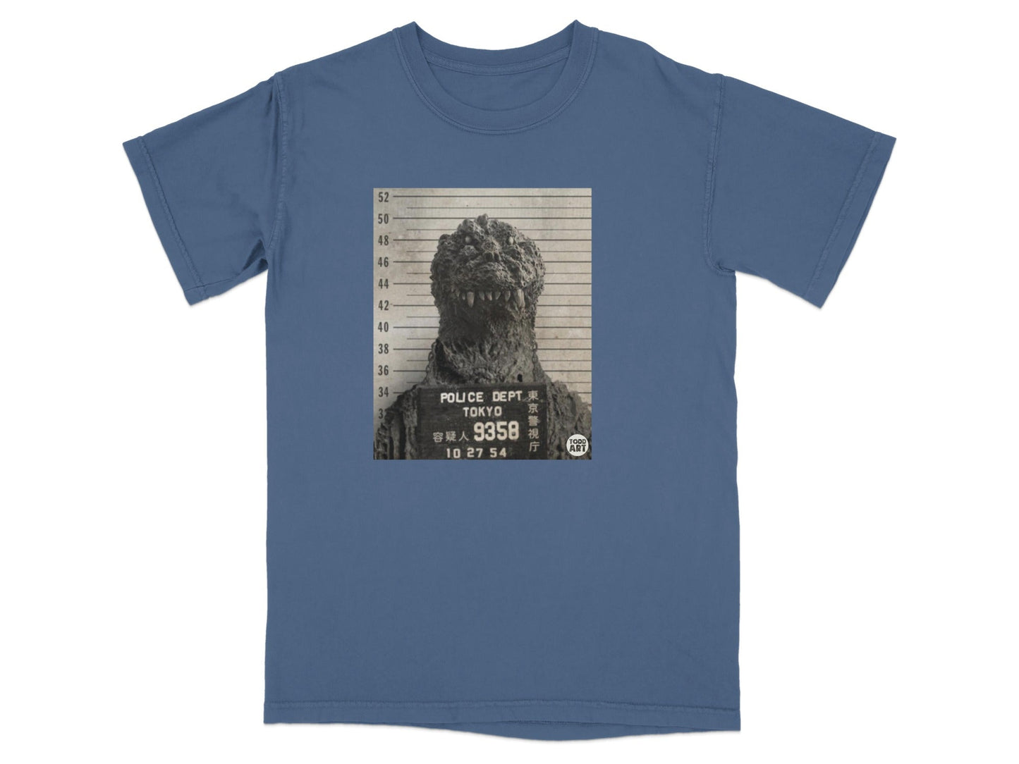Godzilla mugshot on a navy blue t-shirt, featuring Tokyo Police Dept. text.