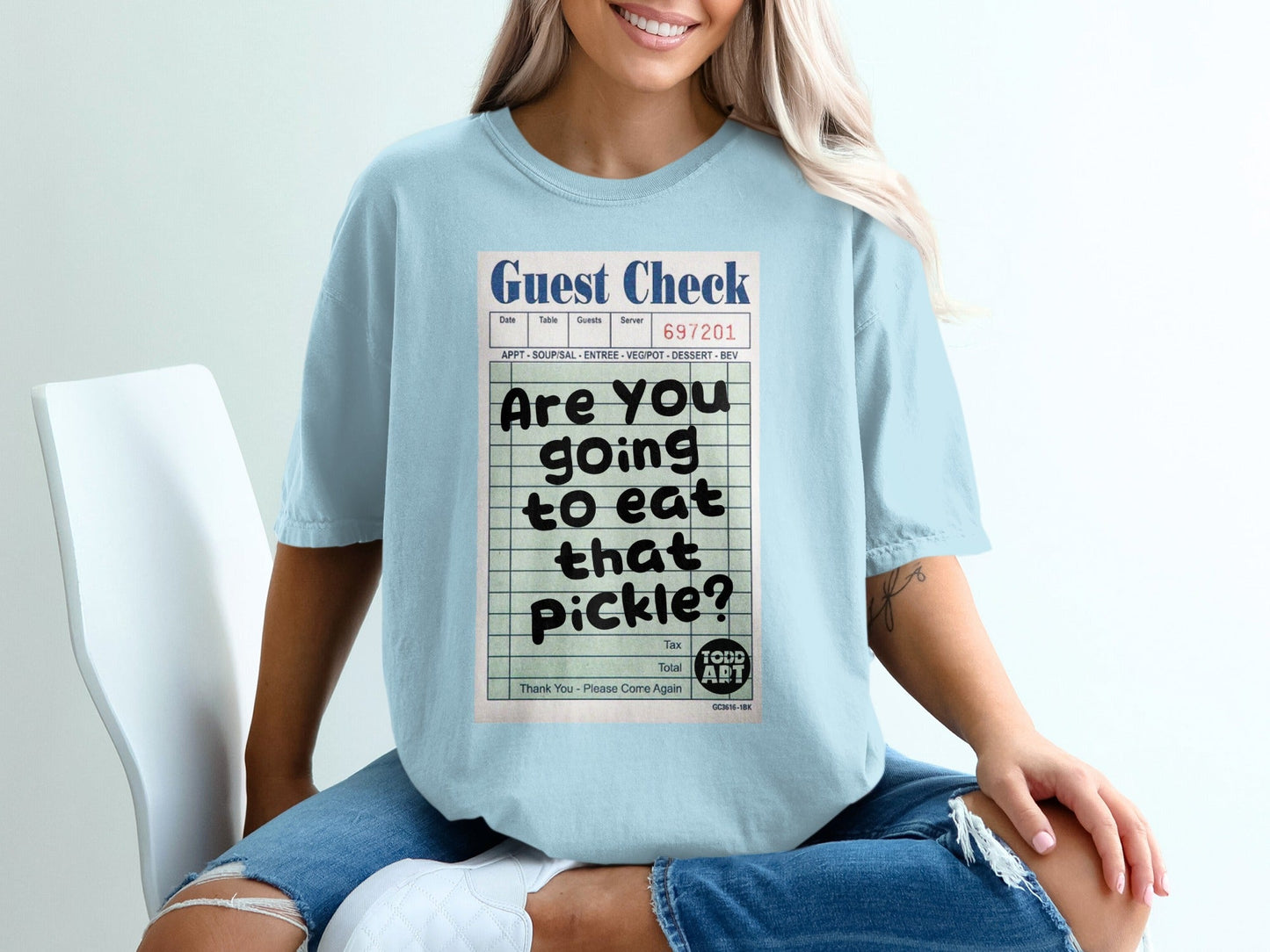 Guest check graphic reading "Are you going to eat that pickle?"