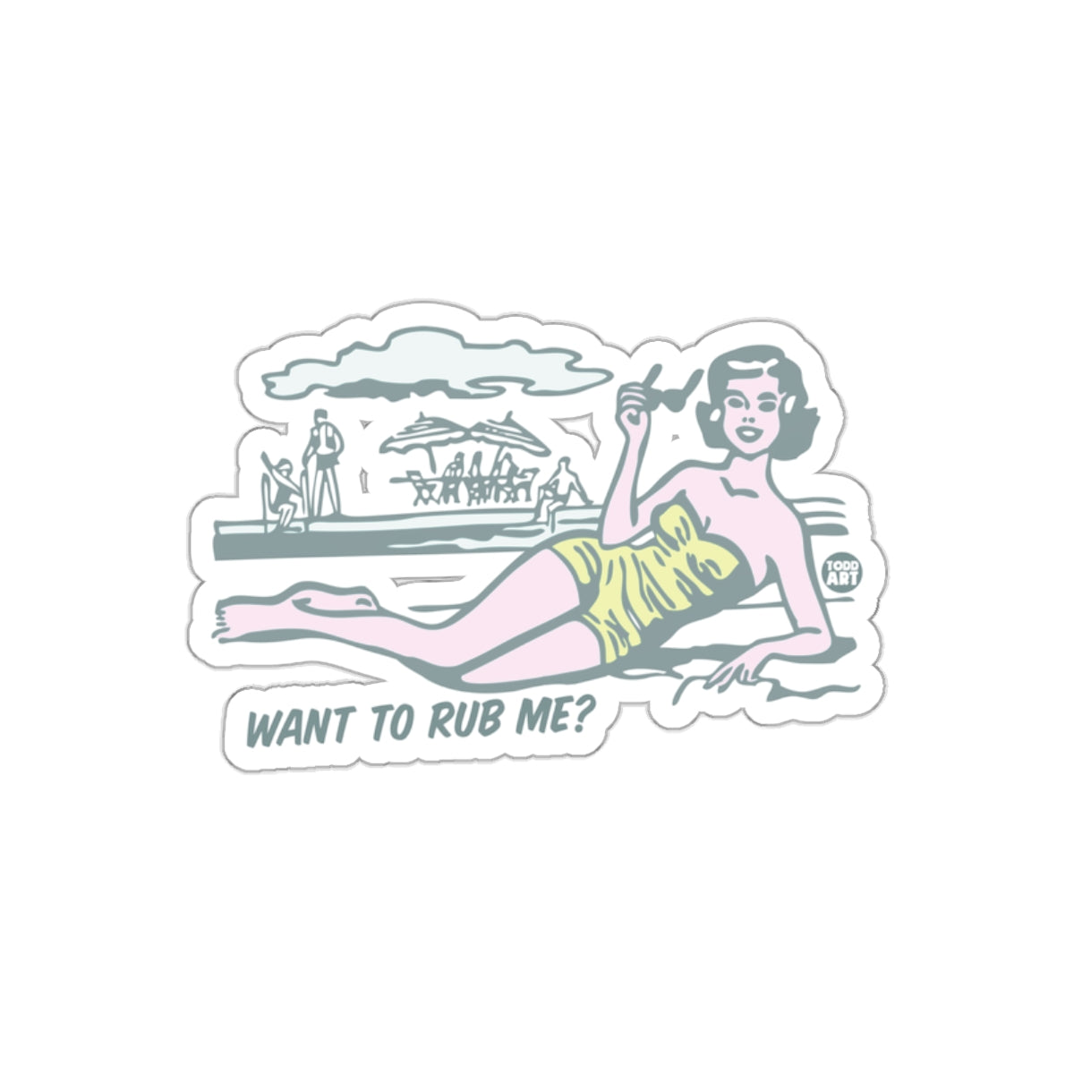 Want To Rub Me Woman on Beach Retro Art sticker