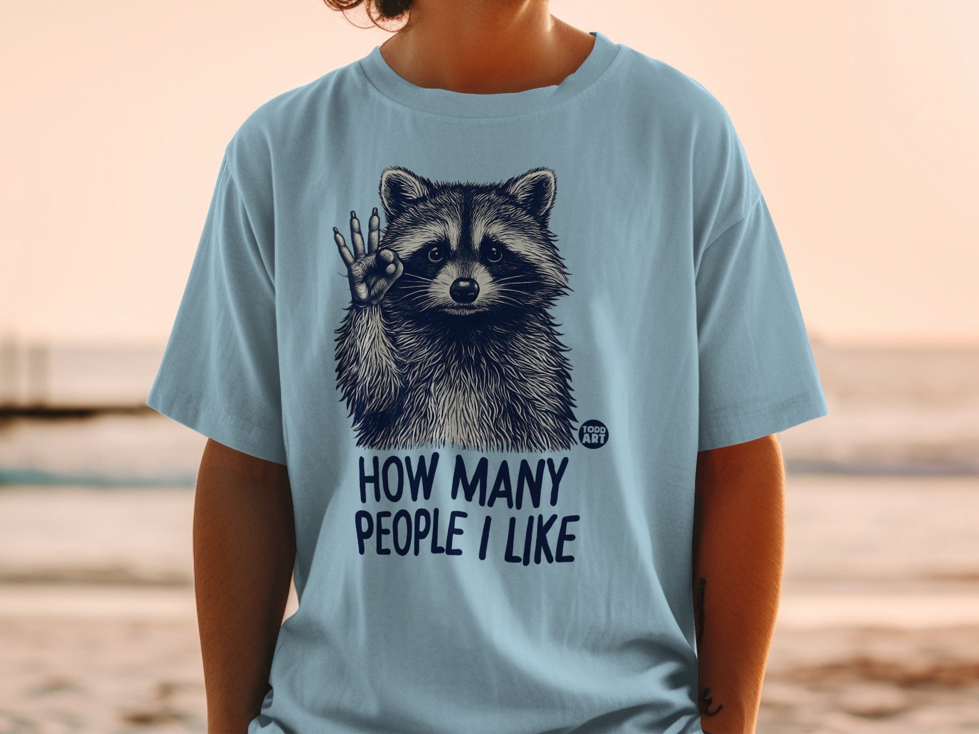 Light blue t-shirt with a raccoon holding up four fingers and the text "HOW MANY PEOPLE I LIKE".