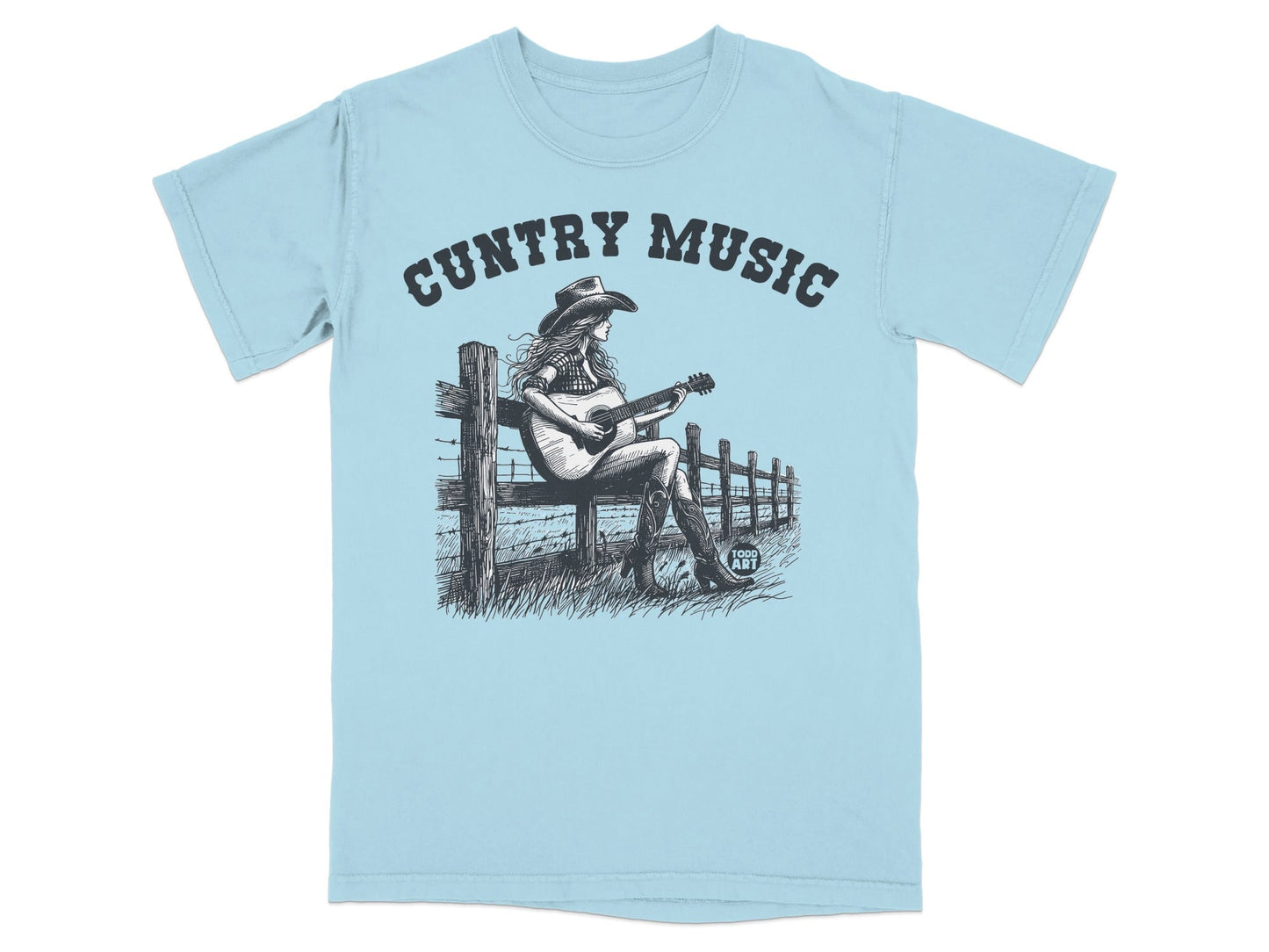 Black and white illustration of a cowgirl playing guitar on a fence, with "Country Music" text.