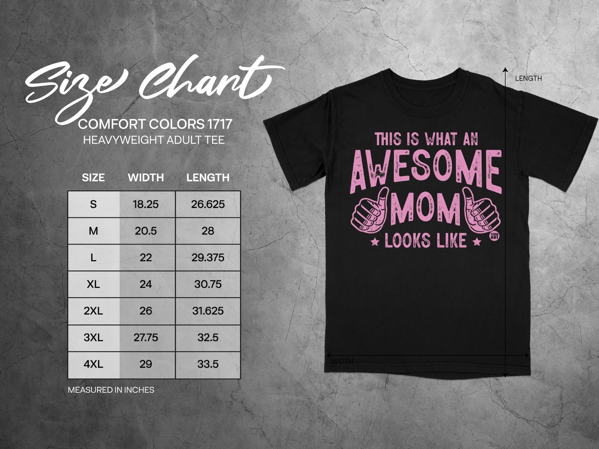 Size chart for Comfort Colors 1717 heavyweight adult tee, with measurements.