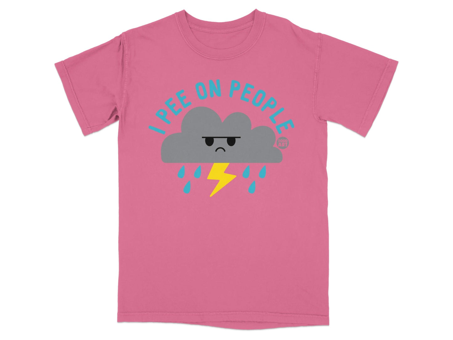 Pink t-shirt with a grumpy cloud and yellow lightning bolt graphic.