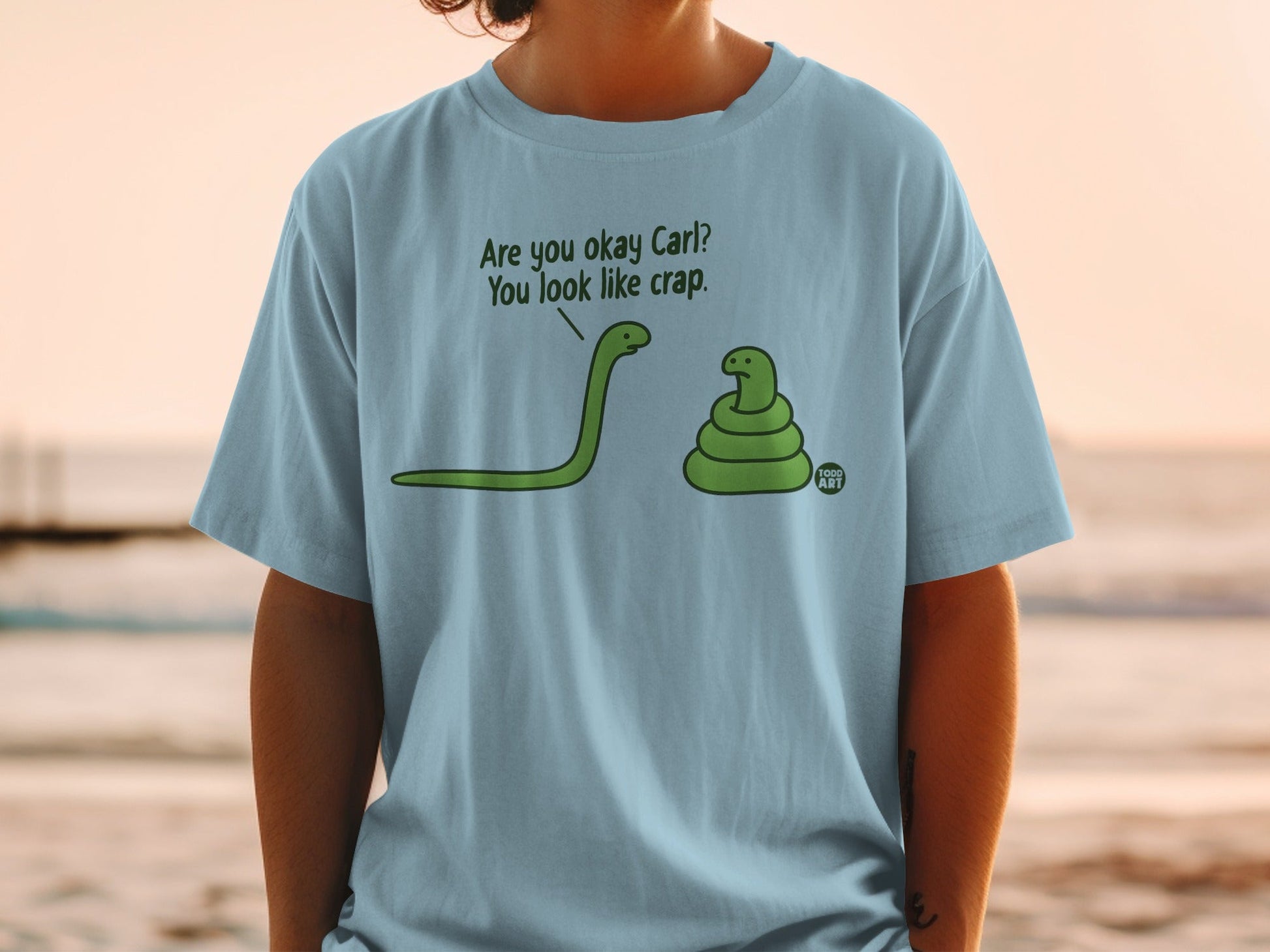 Two cartoon snakes, one coiled, with text "Are you okay Carl? You look like crap."