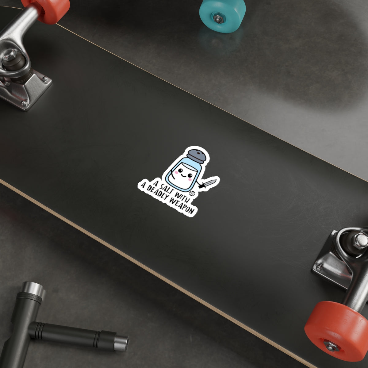 A Salty With A Deadly Weapon Sticker for Skateboards