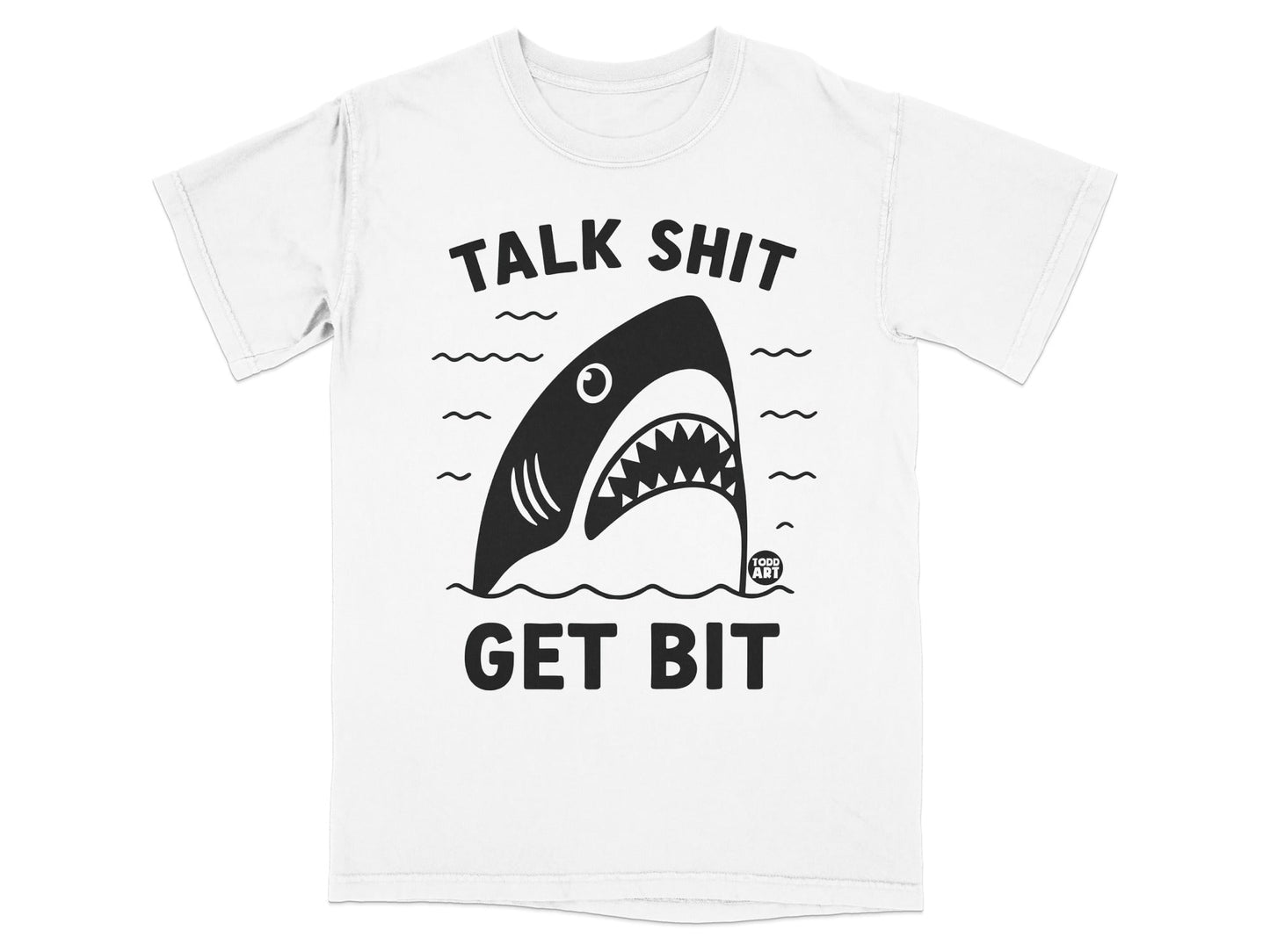 White t-shirt with a shark graphic and "TALK SHIT GET BIT" text.