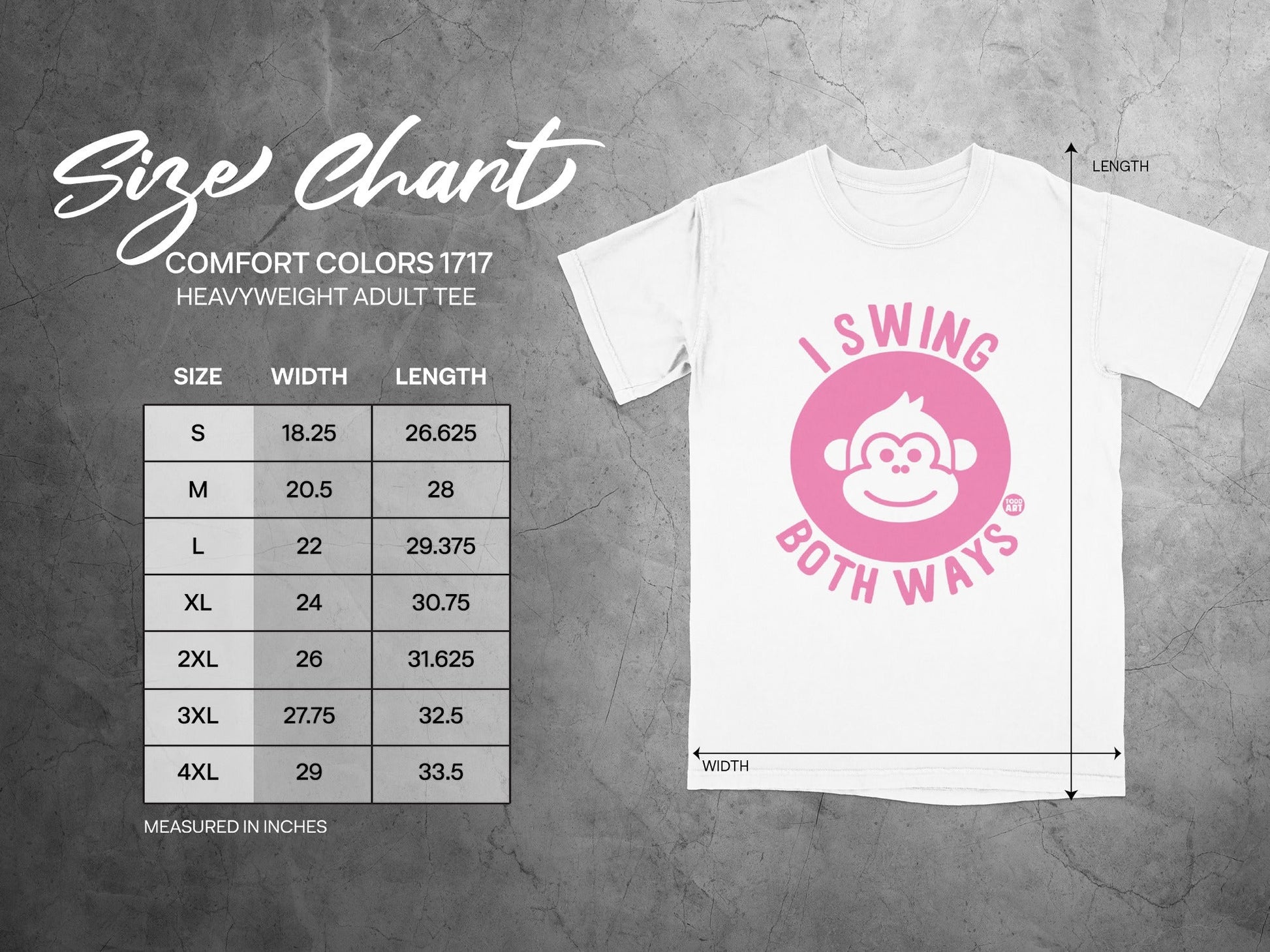 Comfort Colors 1717 heavyweight adult tee size chart with width and length measurements.