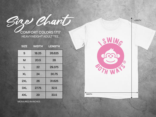 Comfort Colors 1717 heavyweight adult tee size chart with width and length measurements.