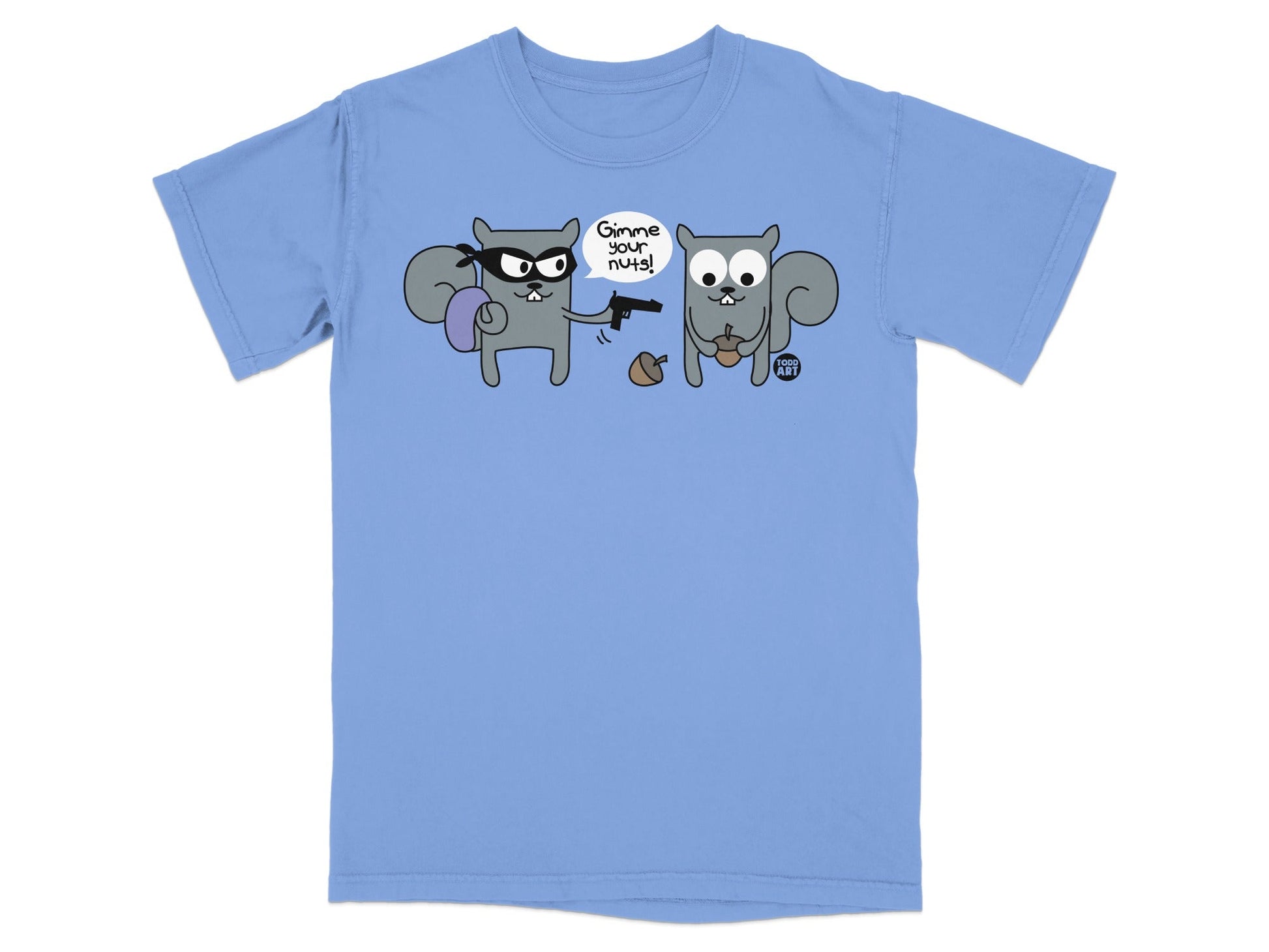 T-shirt with cartoon squirrels, one robbing the other with a gun.