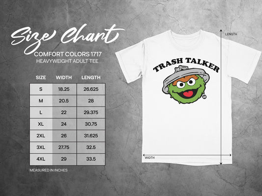 Comfort Colors 1717 heavyweight adult tee size chart with Trash Talker graphic.