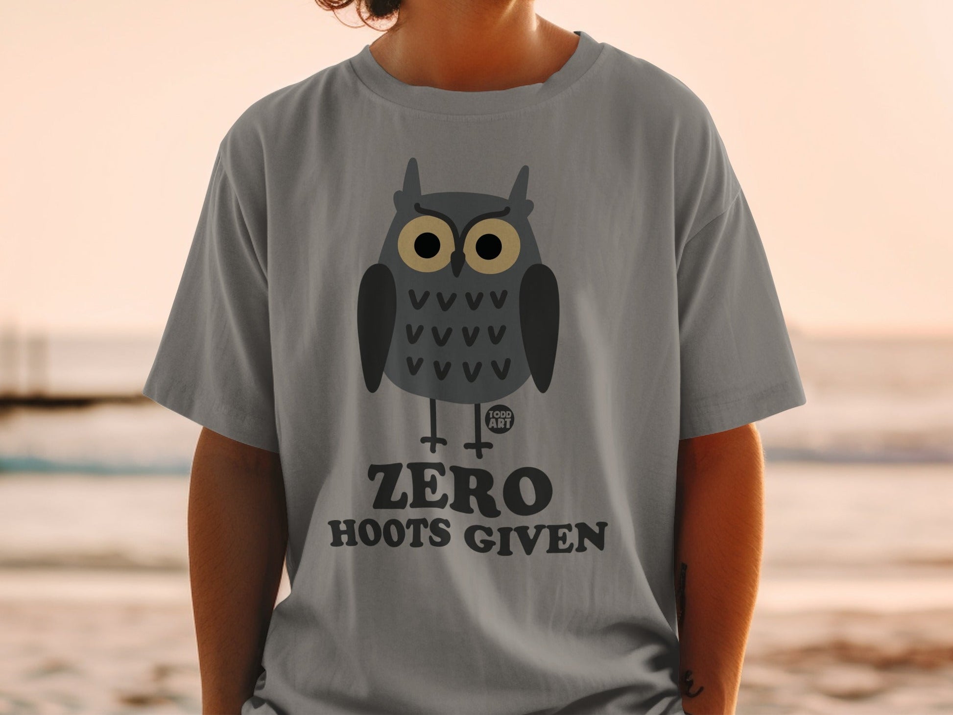 Grey t-shirt with owl graphic and "ZERO HOOTS GIVEN" text.