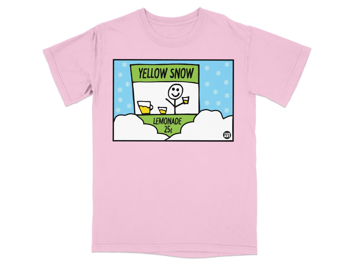 Pink t-shirt with cartoon lemonade stand saying "Yellow Snow 25¬¢".
