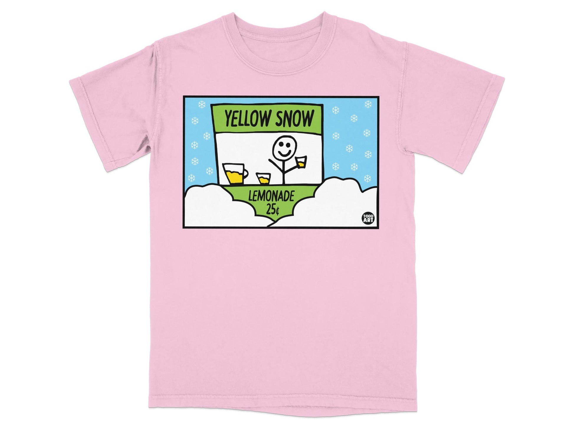 Pink t-shirt with cartoon lemonade stand saying "Yellow Snow 25¬¢".