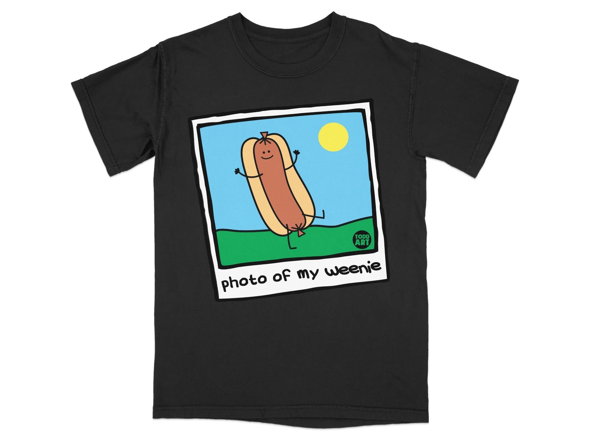 Black t-shirt with a cartoon hot dog and "photo of my weenie" text.