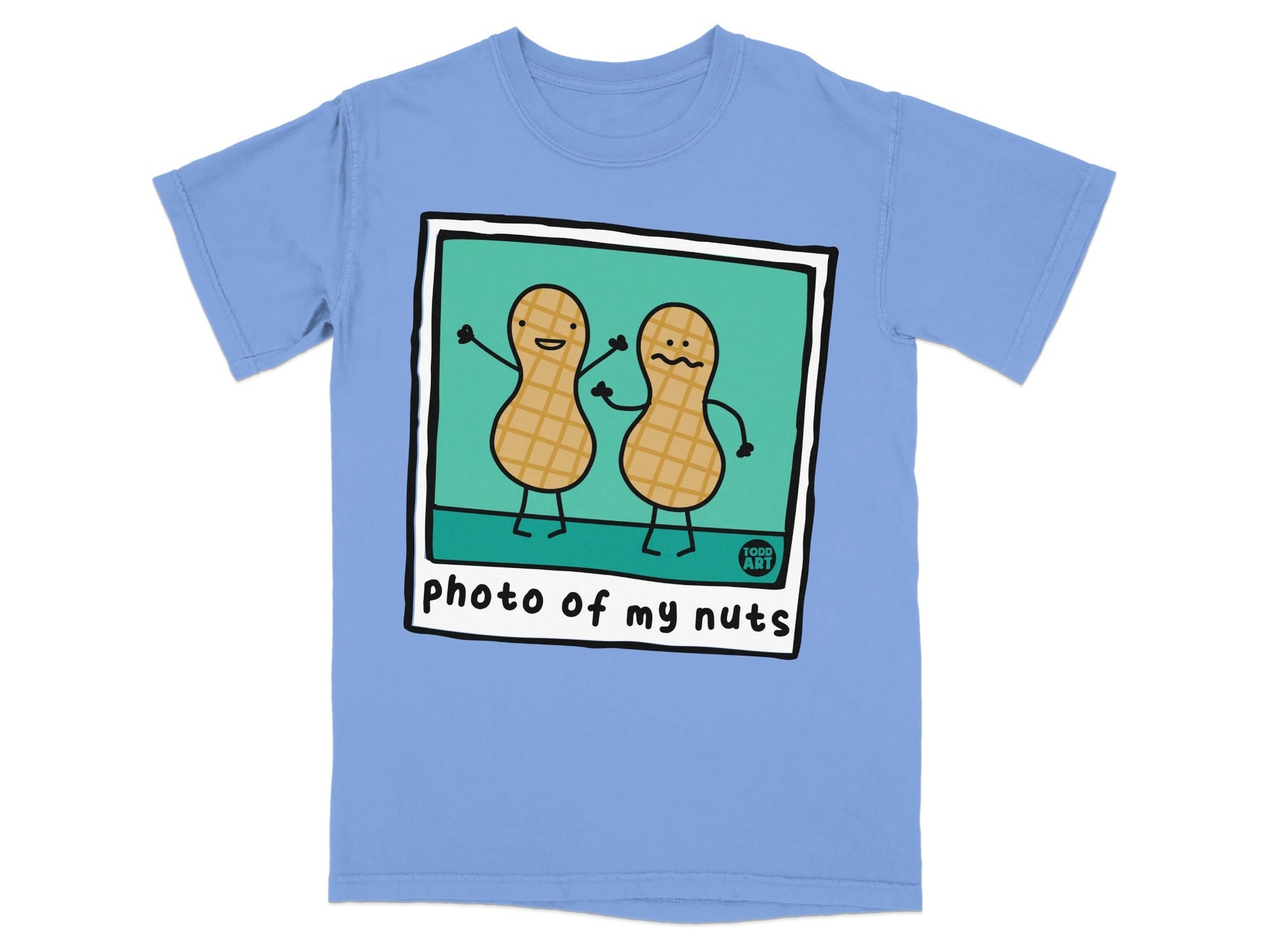 Two cartoon peanuts smiling in a polaroid frame with "photo of my nuts" text.
