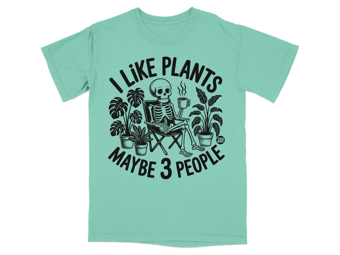 Skeleton holding coffee mug, surrounded by plants, with text "I like plants maybe 3 people".