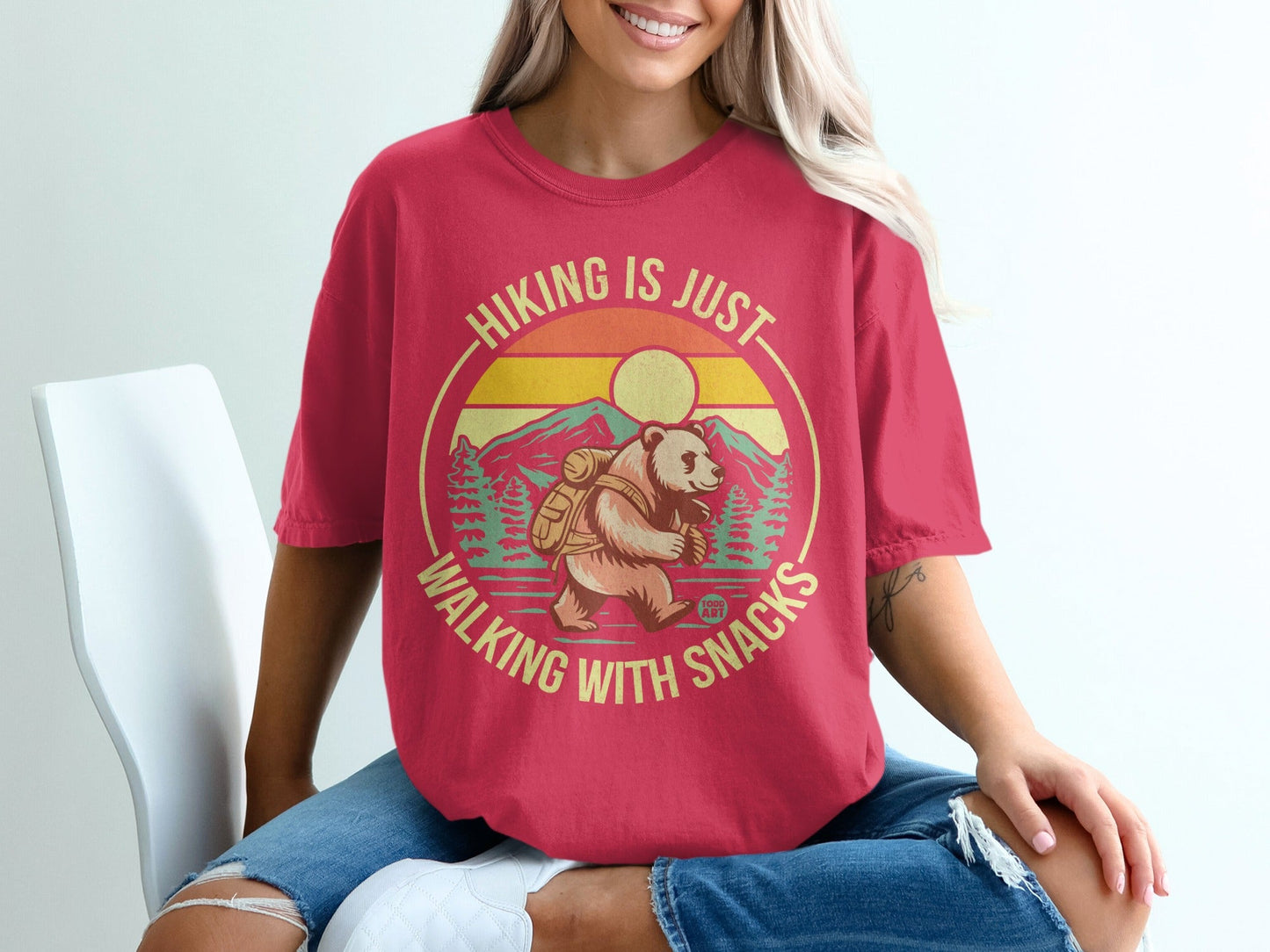 Red t-shirt with bear hiking graphic and text "Hiking is just walking with snacks."