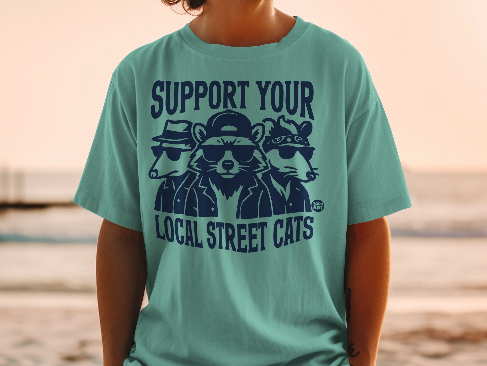 Teal t-shirt with graphic of three raccoons wearing sunglasses and hats, text reads "SUPPORT YOUR LOCAL STREET CATS".